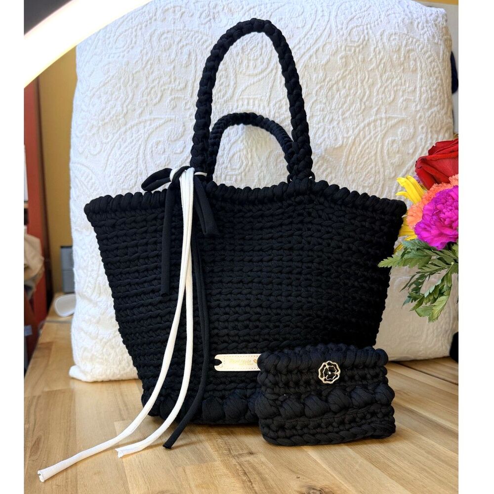 Hand Knit Black Top Handle Tote Bag + Matching Coin Purse Set